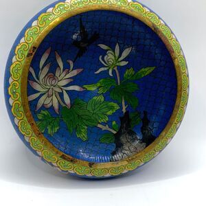 Vintage Chinese Cloisonne Cobalt Blue Enamel Bowl Flowers Birds Floral